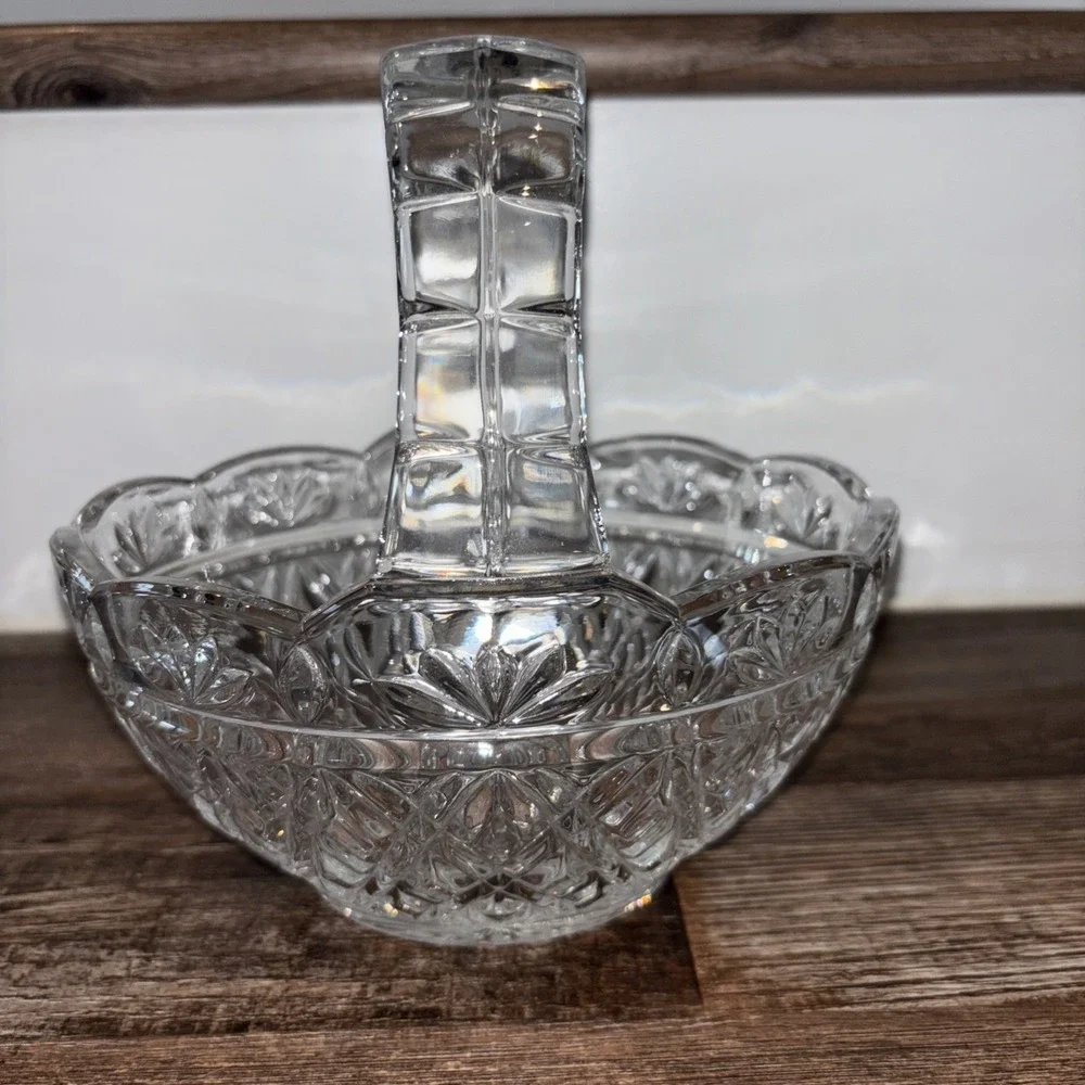 Bohemia Czech Republic Lead Crystal Clear Cut Glass Basket with Handle